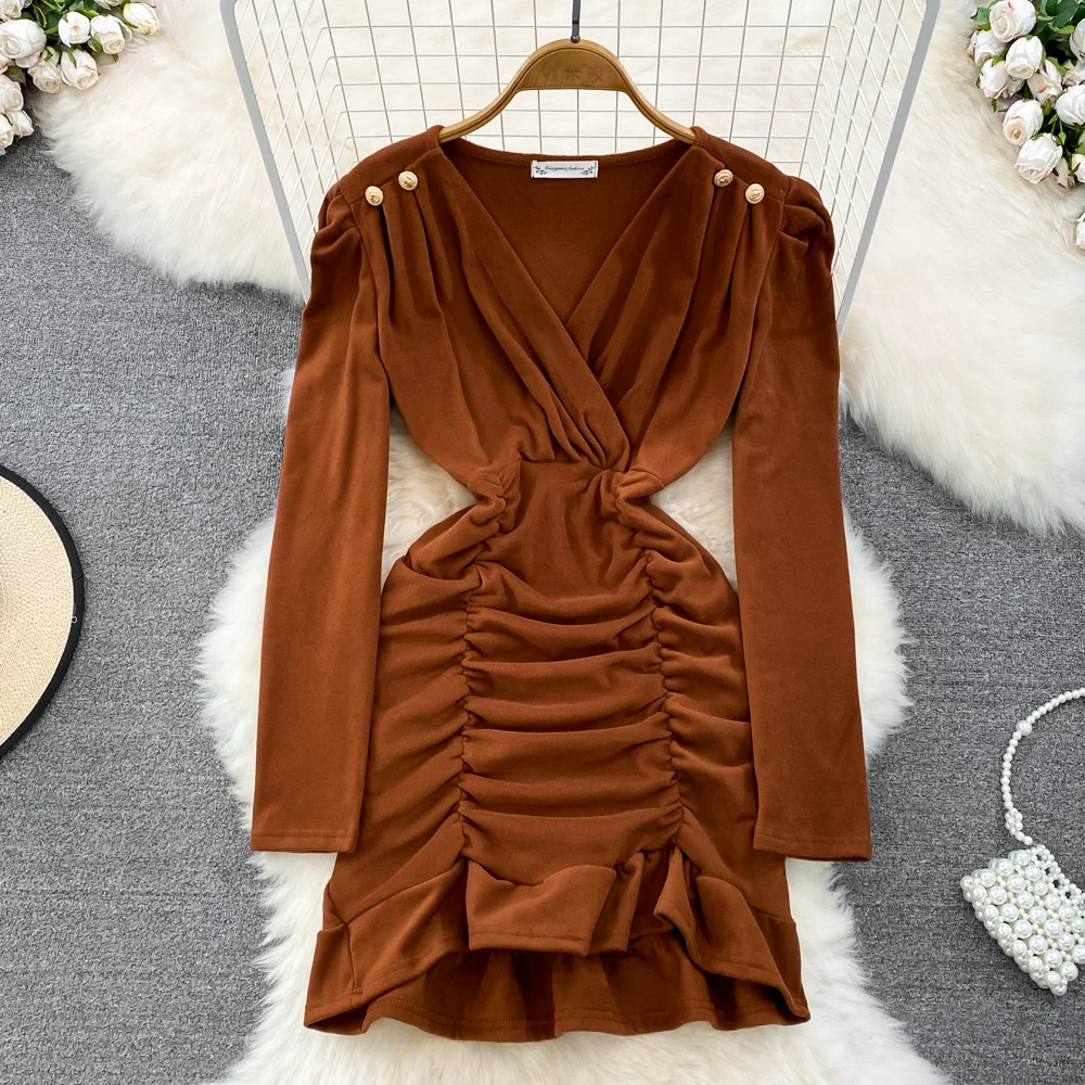 

Senior Sense Socialite Temperament V-neck Bubble Long Sleeve Waist Slimming Pleated Short Fish Tail Wrapped Buttock Dress