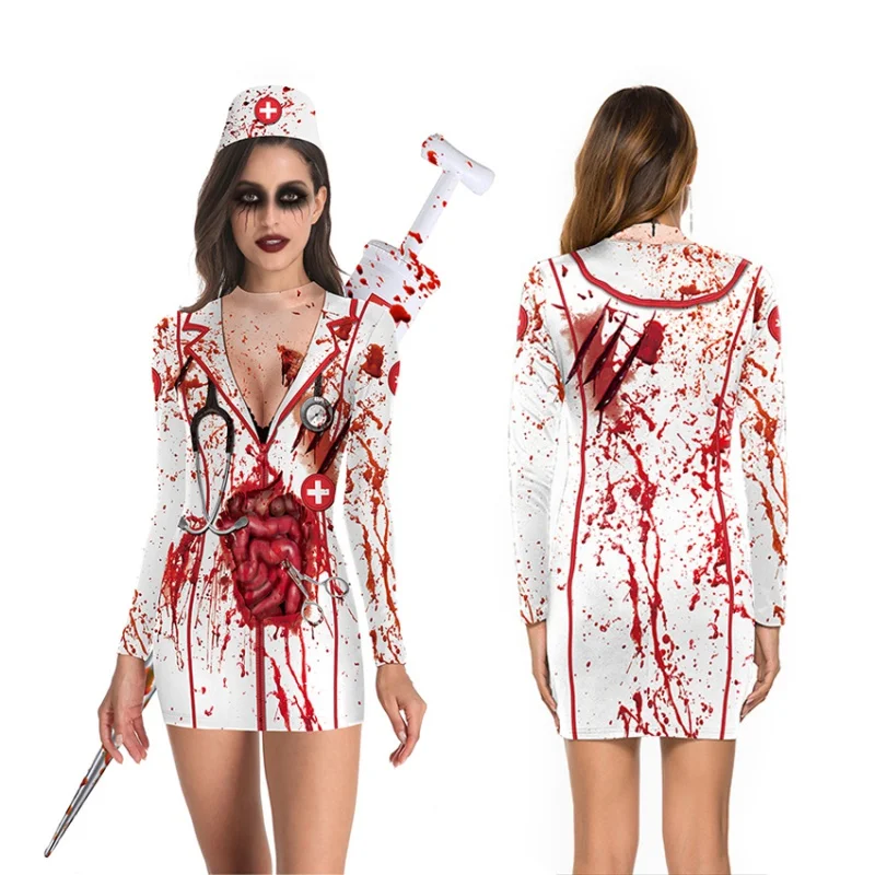 

Scary Bloody Nurse Costumes Women Skeleton Skull Horror Terror Purim Halloween Costumes for Women Dresses Ghost Nurse Carnival