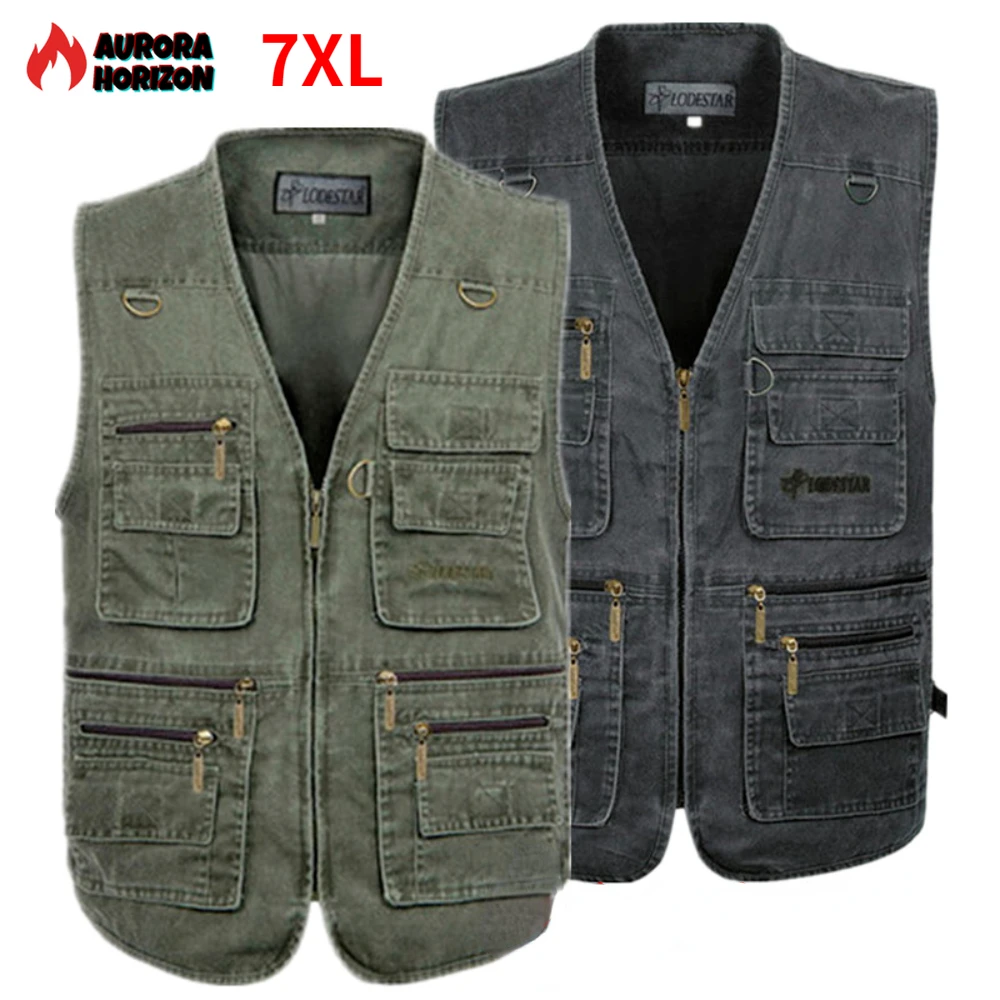 

AuroraHorizon Plus Size 6XL 7XL Male Casual Summer Cotton Denim Vest Men's Sleeveless Jacket Multi Pocket Photograph Waistcoat