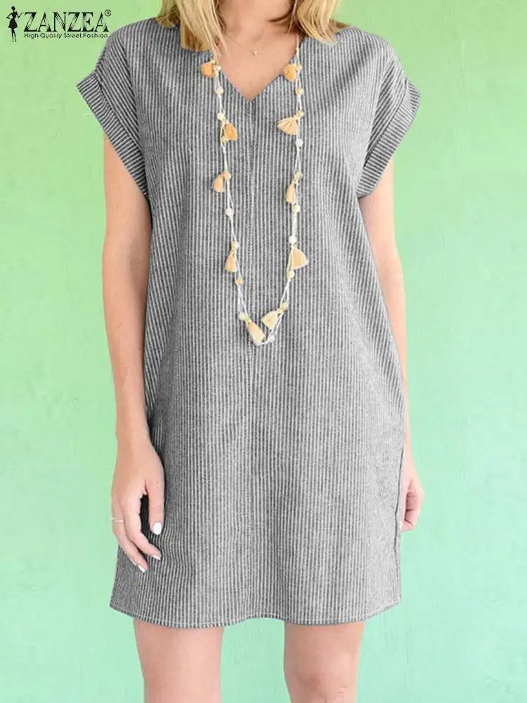 

ZANZEA Summer Women Stripe Dress Short Sleeve V Neck Oversize Robe Loose Work Vestido Holiday Dresses Bohemian Beach Sundress