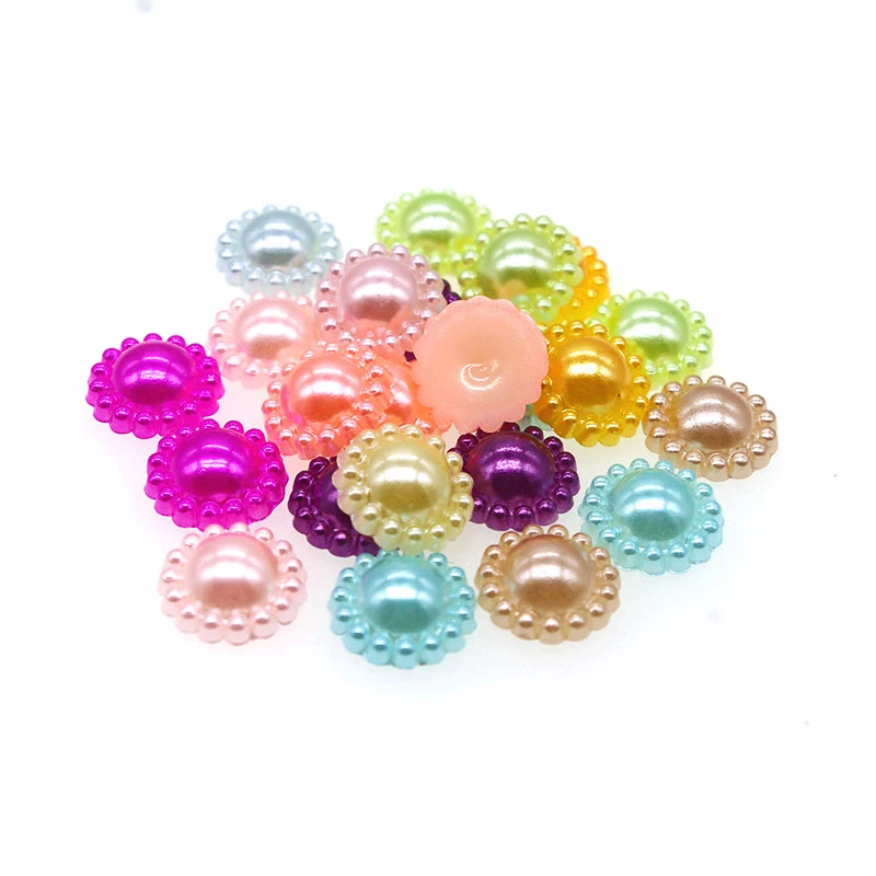 

SHINE 100pcs/lot 12mm Sun flower Shape Scrapbook Simulated Pearl Beads Sewing Button DIY Material Findings 100383