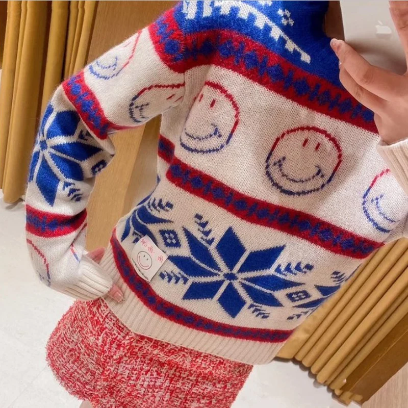 Round Neck Geometric Printing Pattern Knitted Pullover New Commuting Long Sleeved Knitted Top Sweater In Spring 2023 Women