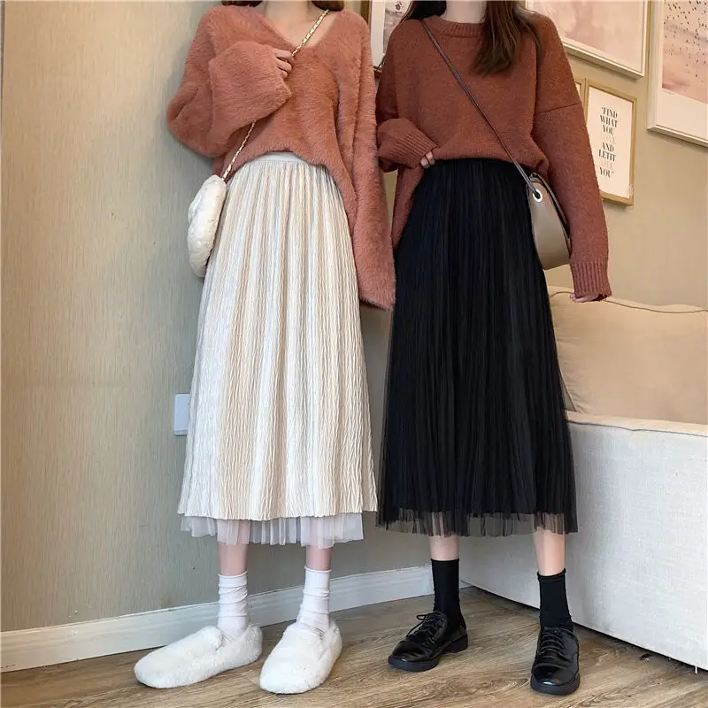 

Mesh skirt women wear super fairy on both sides, high waist, thin autumn and winter pleated skirt, mid-length A-line skirt y2k