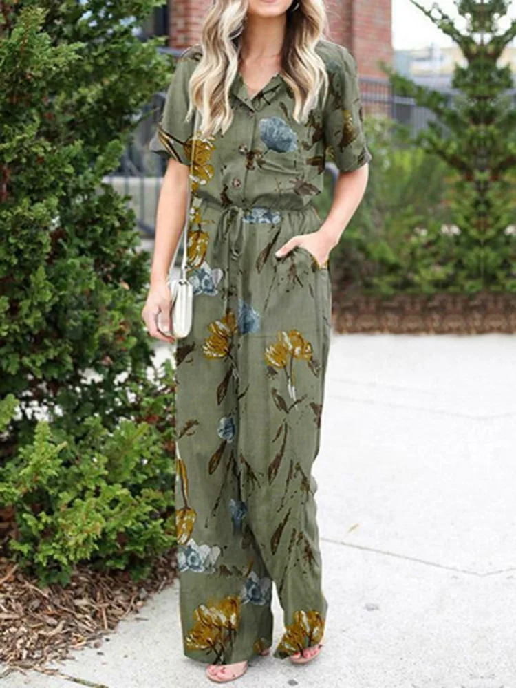 Women Fashion Pattern Print Party Shirt Jumpsuit Summer Casual Short Sleeve Straigth Romper Sexy Tie-up Waist Pocket Overalls
