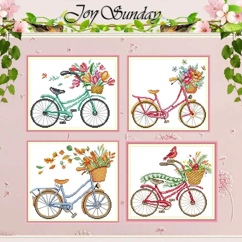 Romantic Bike Patterns Counted Wholesale DIY Handmade 14CT Stamped DMC Cross Stitch Kits Embroidery for Needlework Home Decor