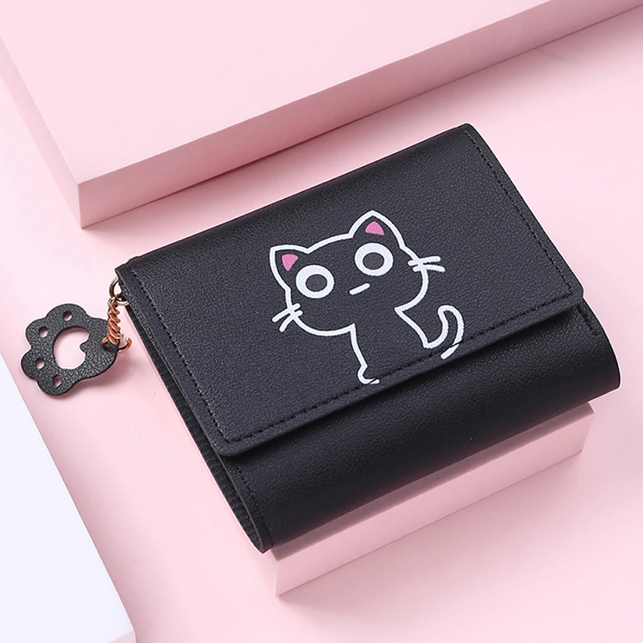 

2021 Fashion Women Wallet Cute Cat Short Wallet Leather Small Purse Girls Money Bag Card Holder Ladies Female Hasp