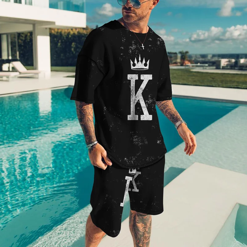 New Summer Tracksuit Poker Printing Men's T Shirt Set Short Sleeve Daily Casual Suit Sportswear Jogging 2 Piece Clothing