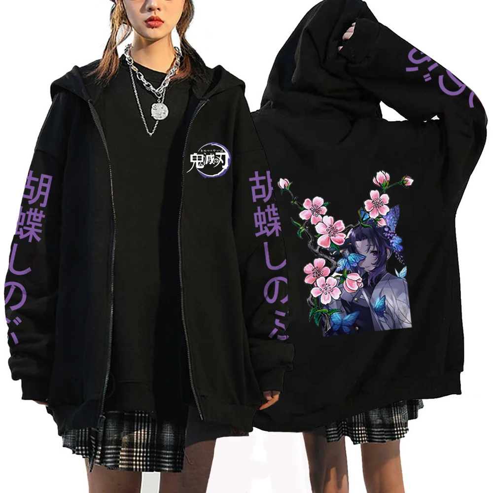 Anime Demon Slayer Zip Up Jackets Kochou Shinob Print Sweatshirts Women Harajuku Streetwear Loose Hoodies Cute Coats Y2K Clothes