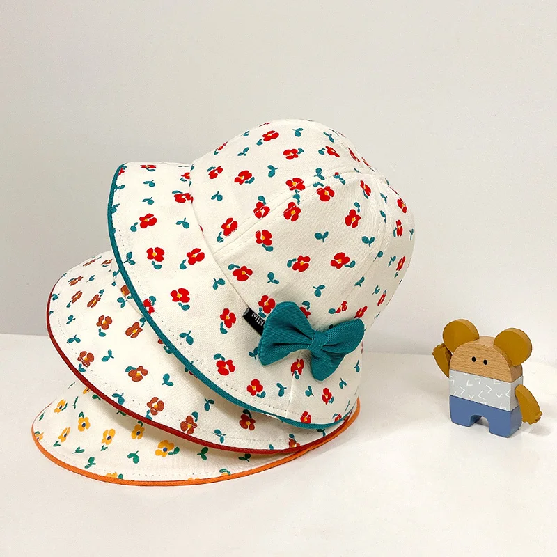 

Infant Baby Kids Girls Sunshade Hat Bowknot Floral Printed Sunshade Drawstring Adjustable Cotton Headwear Spring Autumn