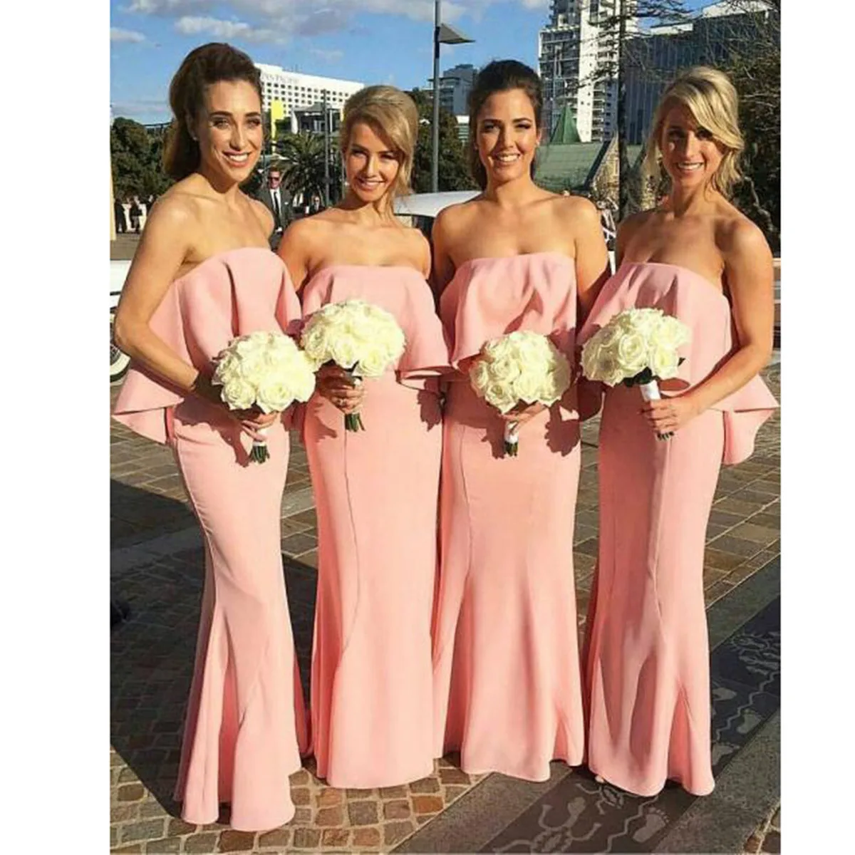 

New Arrvial !2023 Bridesmaid Dresses Strapless Pink Sheath Full-Length Chiffon Vestido De Fiesta Para Boda