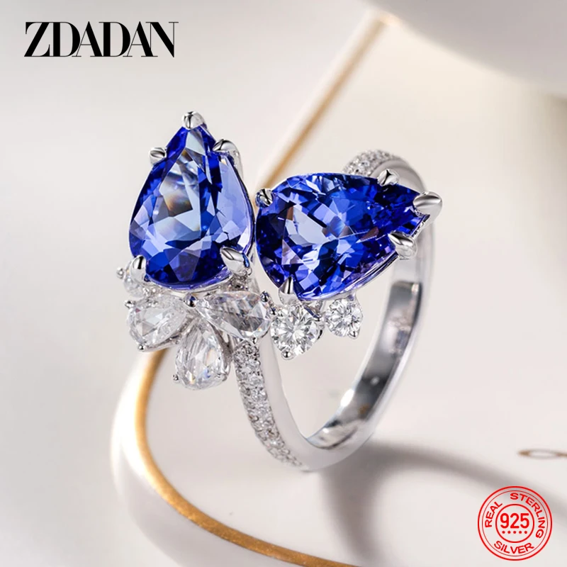 

ZDADAN 925 Sterling Silver Water Drop Aquamarine Ring For Women Fashion Wedding Jewelry
