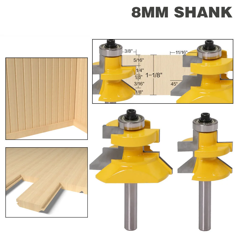 

2pc8mm" Shank V Groove & Matched Tongue Router Bit Set w/ premium ball bearings Woodworking cutte