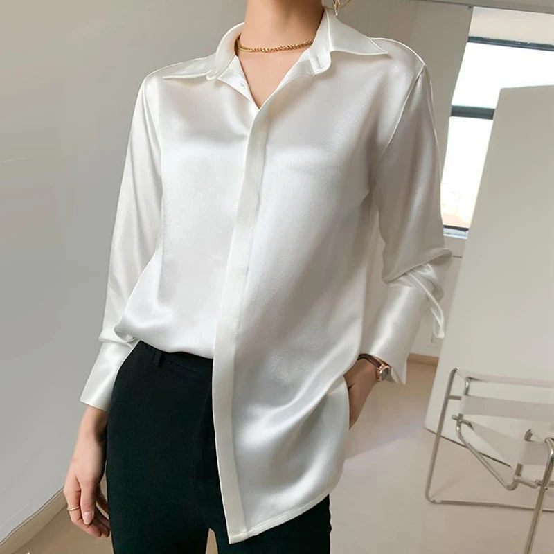 

Black Satin Button Up Shirt 2023 Spring Women Fashion Turn-down Collar Long Sleeve Business Blouse Casual Lady White Elegant Top
