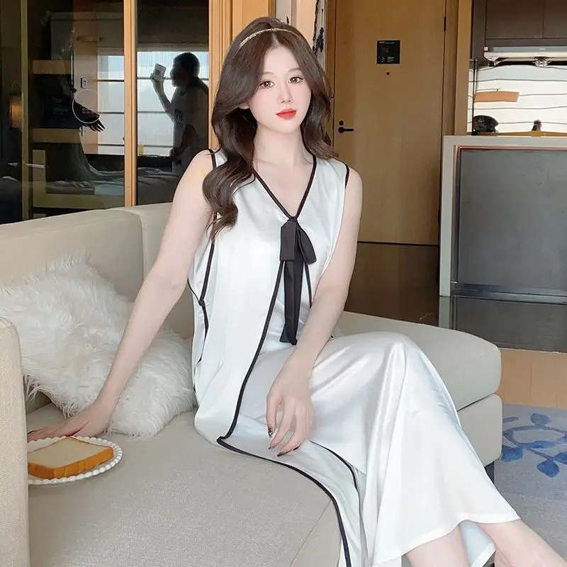 Шелковая ночная рубашка женская летняя тонкая сексуальная юбка средней длины