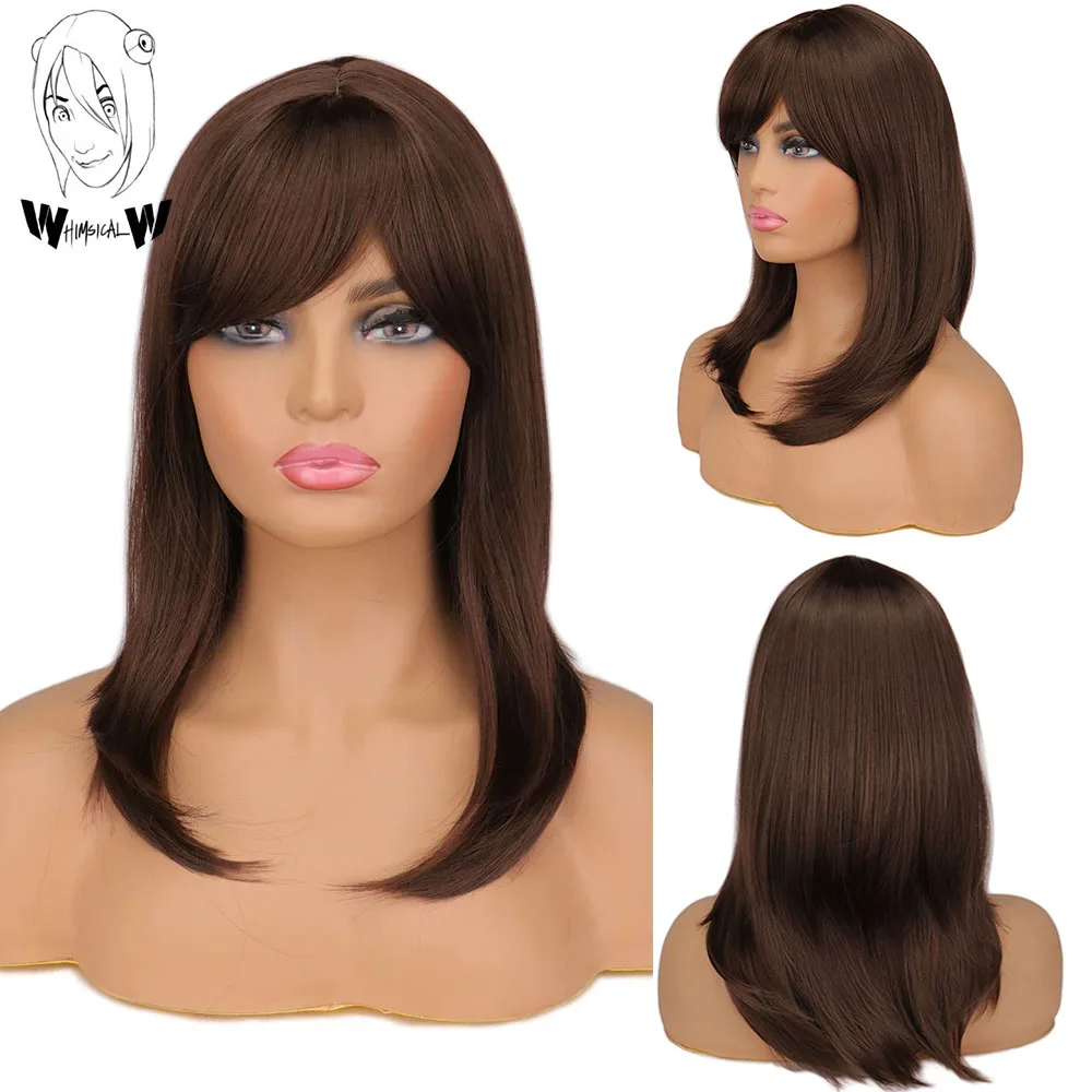 

WHIMSICAL W Synthetic Dark Brown Wig Party Daily Medium Layered Natural Wave Wigs With Bangs Hair for Black Women