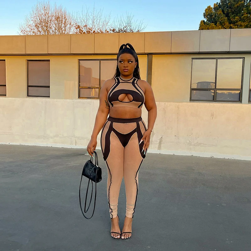 

Y-L Trend Print Casual Tracksuit 2 Piece Set Women Sexy Hollow Out O-Neck Sleeveless Crop Tops+High Waist Slim Pant Street Suit