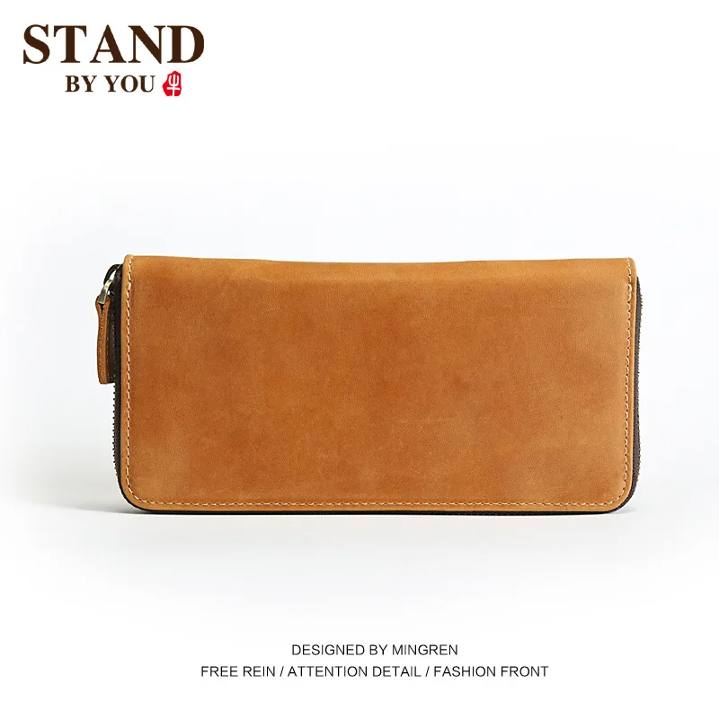 

Vintage Men's Leather Wallet Long Leather Wallet Cowhide Zipper Wallet Crazy Horse Leather Handbag Casual Bag