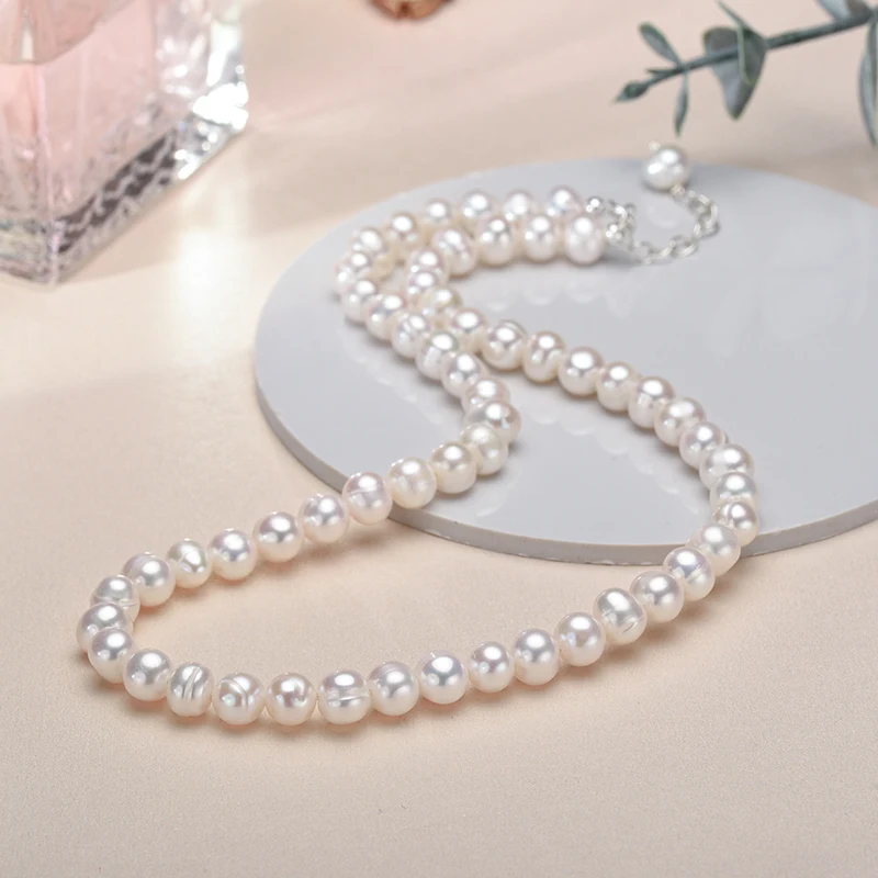 Collar de perlas cultivadas en agua dulce de 6-7mm para mujer, collar de perlas reales, collares de hebra de perlas de plata esterlina para mujer
