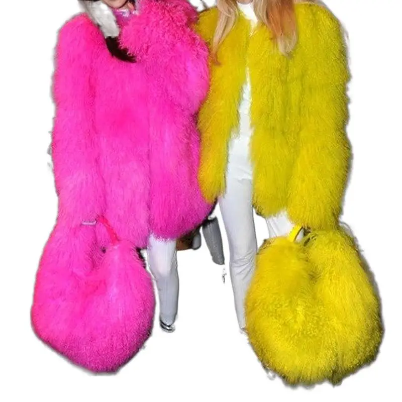 Milan Show Whole Mongolia Tan Sheep Fur Coats Women's 70CM Mid-Long High Fashion Overcoat Lady Luxurious Lambskin Parka Lamb Fur