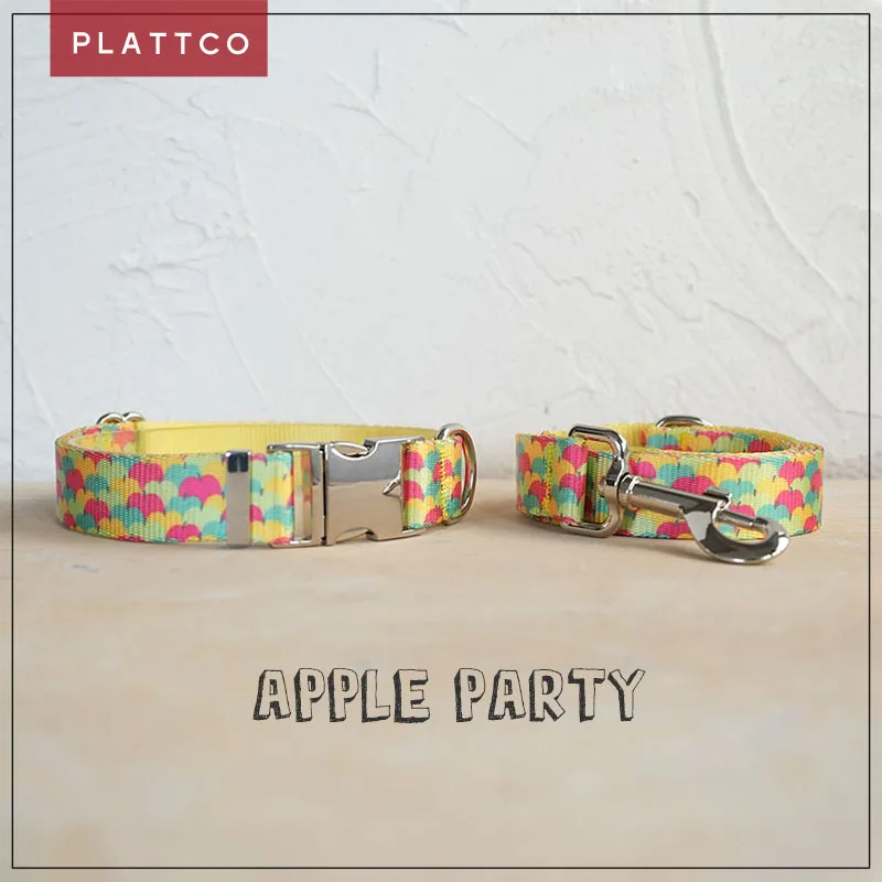 

PLATTCO unique dog set print APPLE PARTY pattern paired with high-quality silver buckle 5 size PDC326S&PDL326S