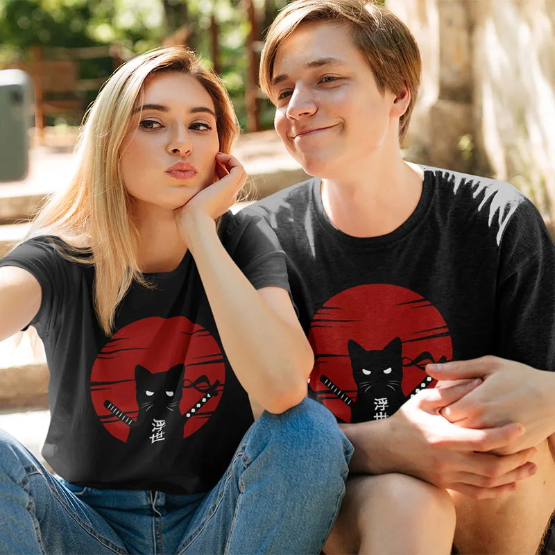 

Cool Dark Style Samurai Cat Tshirt Japan Style Ukiyoe Culture Graphic T Shirts Creative Design Print Top Unisex Oversized Shirt