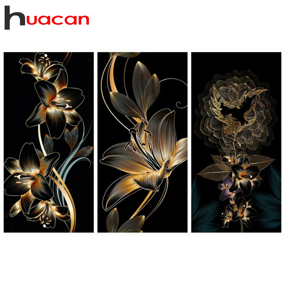 

Алмазная мозаика Huacan, 5D картина с цветами, лилия, золото, вышивка крестиком, Цветочная вышивка, хобби и рукоделие, украшение для дома