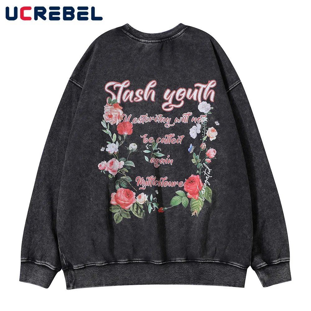 

Rose Print Autumn Casual Sweatshirts Mens Round Neck Retro Sports Pullover Letter Streetwear Washed Distressed Loose Top Men