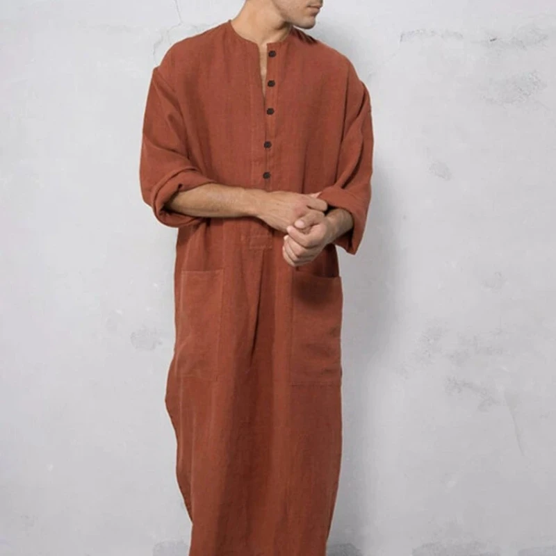 Vintage Men Islamic Arabic Jubba Thobe Long Sleeve Solid Pockets Robes Men Saudi Arabia Abaya Dress Muslim Kaftan Clothing