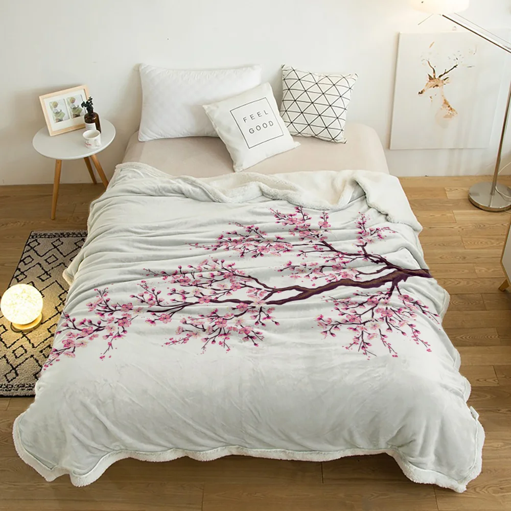 

Pink Cherry Blossoms Flower White Lamb Cashmere Fleece Blanket Home Bed Sofa Winter Sherpa Bedding Kids Thick Bedspread