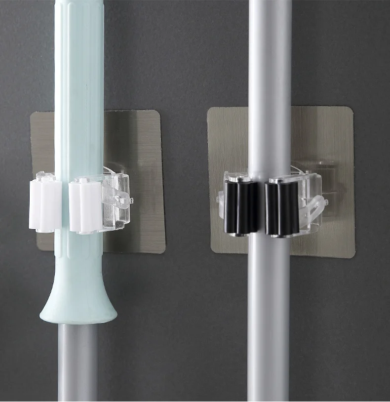 

Mop Holder Wall-Mmounted Broom Holder Hook Adhesive Wall Hanging Mop Clip Strong Hook For Bathroom Kitchen Accessories
