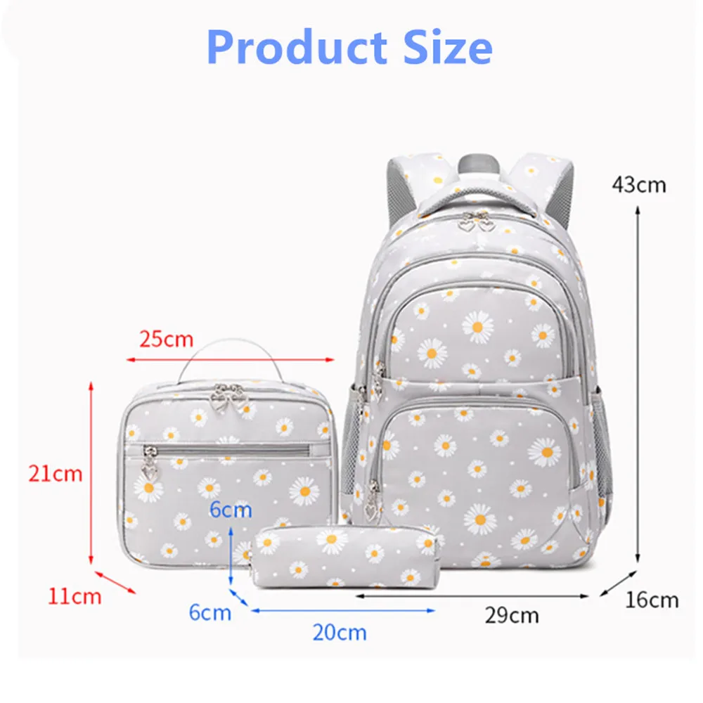 Girls Backpacks Cute Daisy Printing Elementary School Bag Grey Princess Back Pack with Lunch Case Kids Casual Daypack Satchels