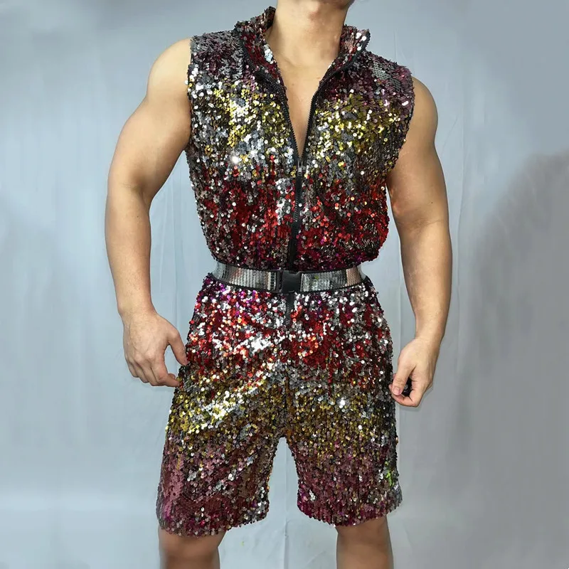 

Men's Hip Hop Jazz Dance Costume Colorful Sequins Loose Zipper Jumpsuit Overalls Bar DJ Dancer Singer Stage Performance Clothes