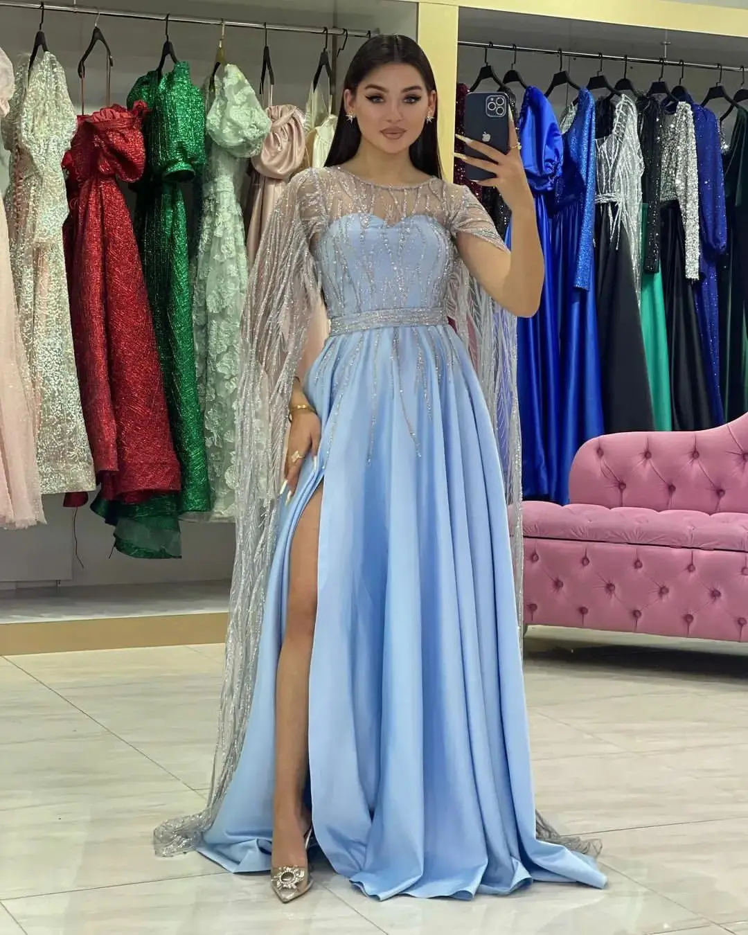 

FDY Store O-Neckline Long Prom Dresses Light Sky Blue Formal Dresses Side Split Sequins Evening Dress