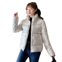 2022 new glossy down cotton light jackets winter womens coat stand collar big pocket long sleeve zipper casual loose parka tops