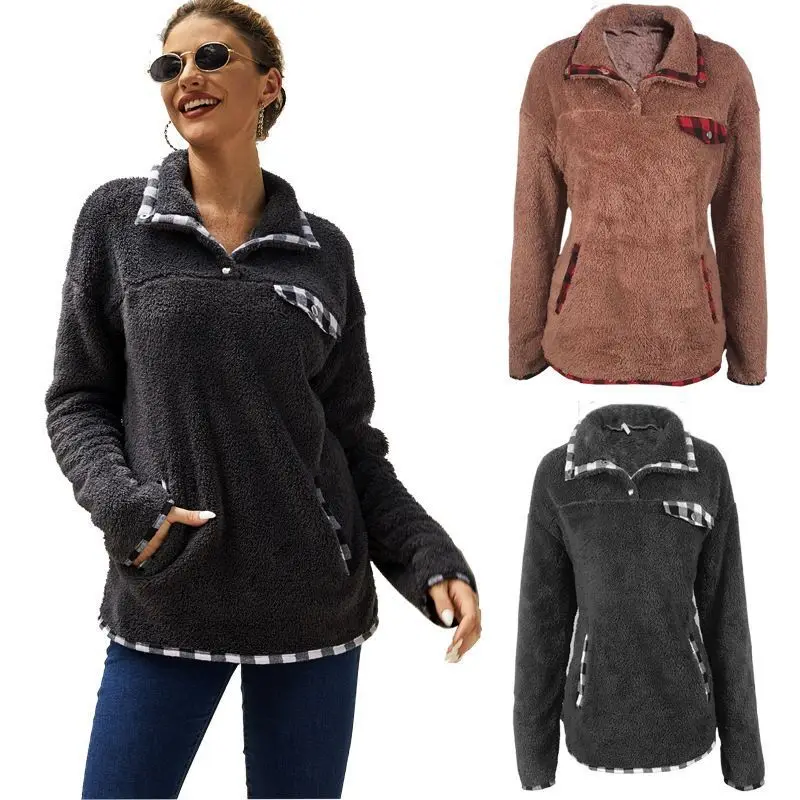 

Women's Sweatshirt Ladies Tops Plus Velvet Lapel Pullover Clothes Fashion Splicing Long Sleeves Buttons Winter Tenafeicc