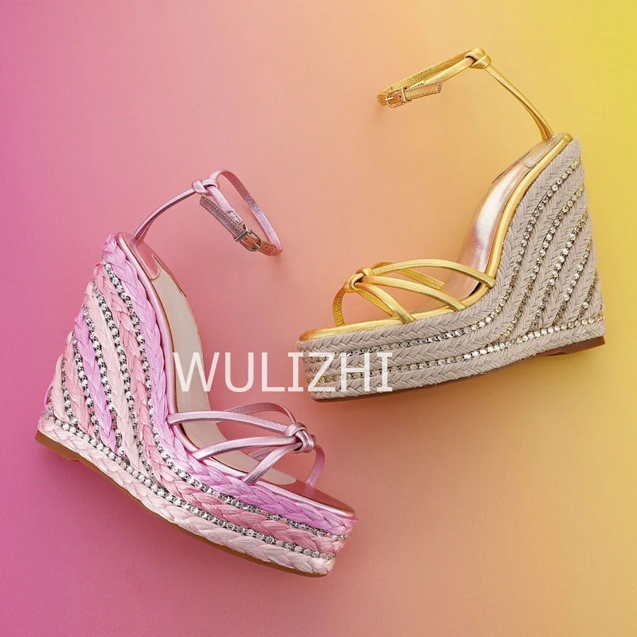 Women Diamond Studded High Wedge Espadarille Pink Bling Design Open Platform Slingback Sandals Gold Rhinestone Metal Chain Shoes