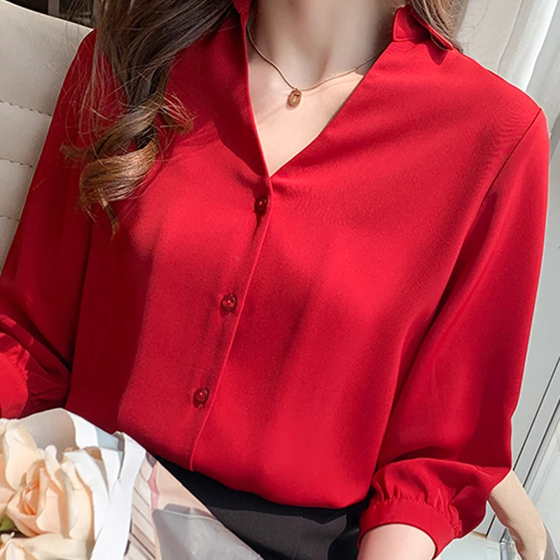 

Blusas Mujer Blouses Femme Summer Tops Women Blouse Women Blusas Mujer De Moda 2021 Verano V-Neck Red Chiffon Blouse Shirt E833