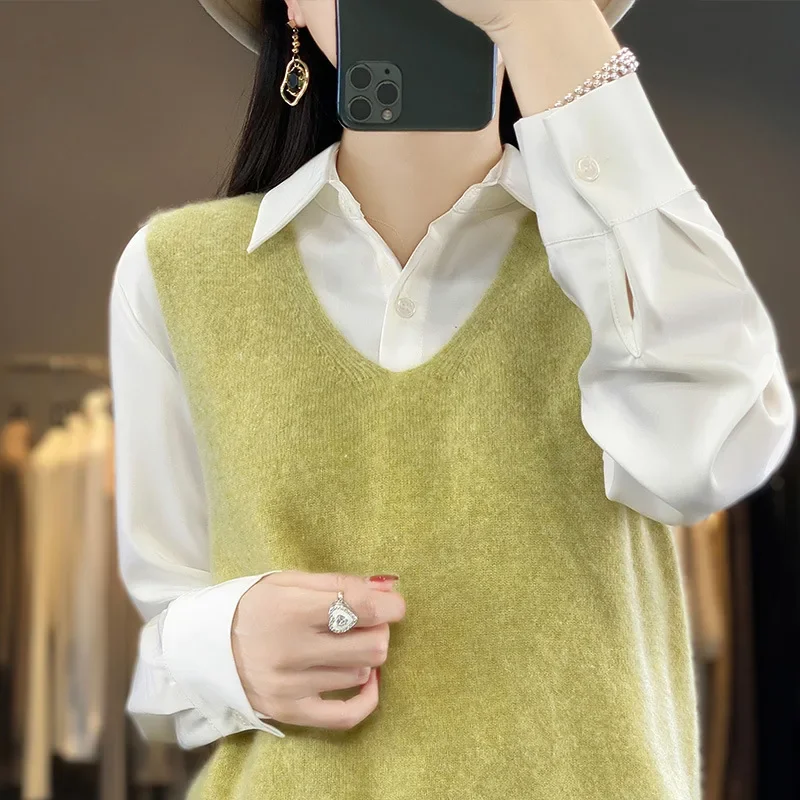 Модный свободный жилет из чистой шерсти верхняя вязаная одежда женский