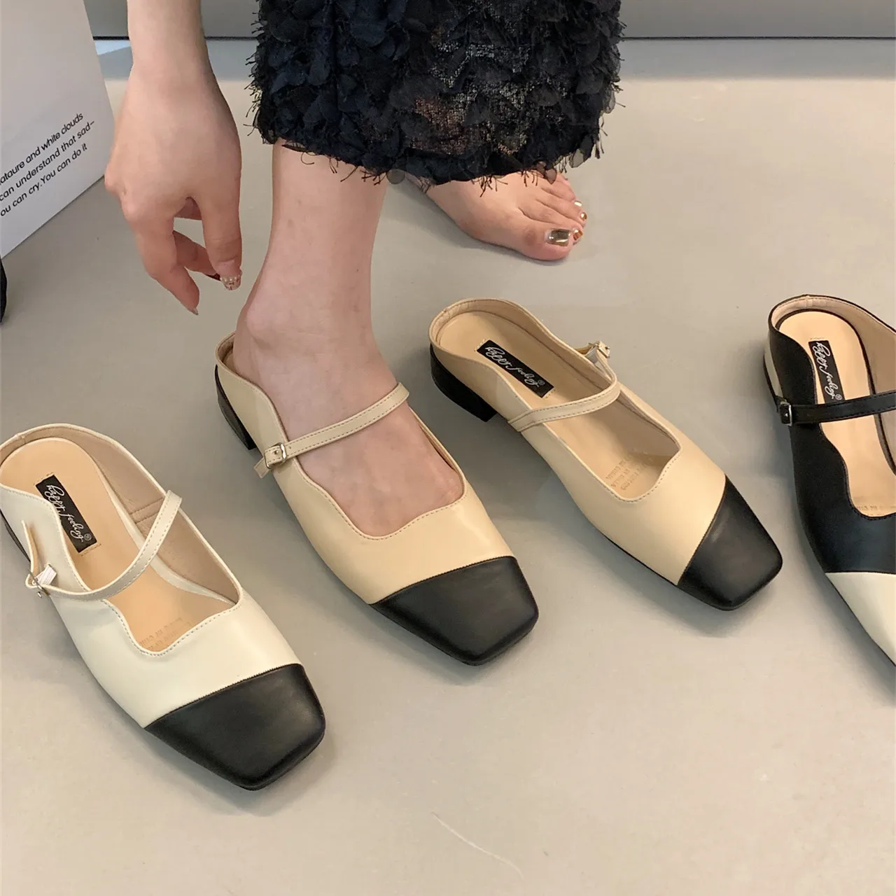 

Bailamos 2023 New Women Flat Slippers Fashion Mix Color Slides Ladies Casual Slip On Mules Shoes Square Toe Dress Sandals Mujer