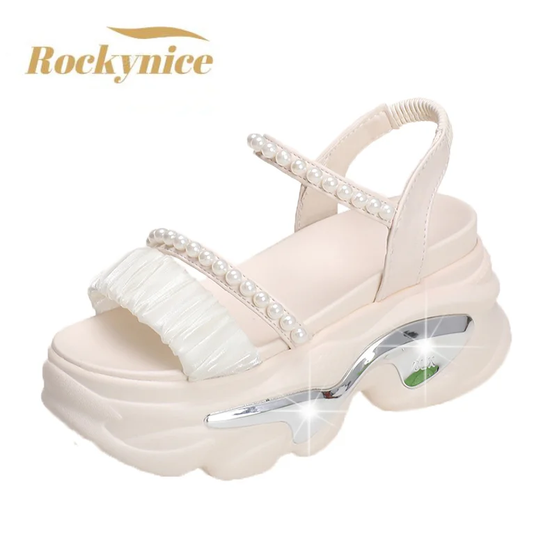 Fashion Pearl Ankle Strap Chunky Sandals Women New Summer Thick Platform Gladiator Sandals Woman 9CM Casual Thick Sole Slippers