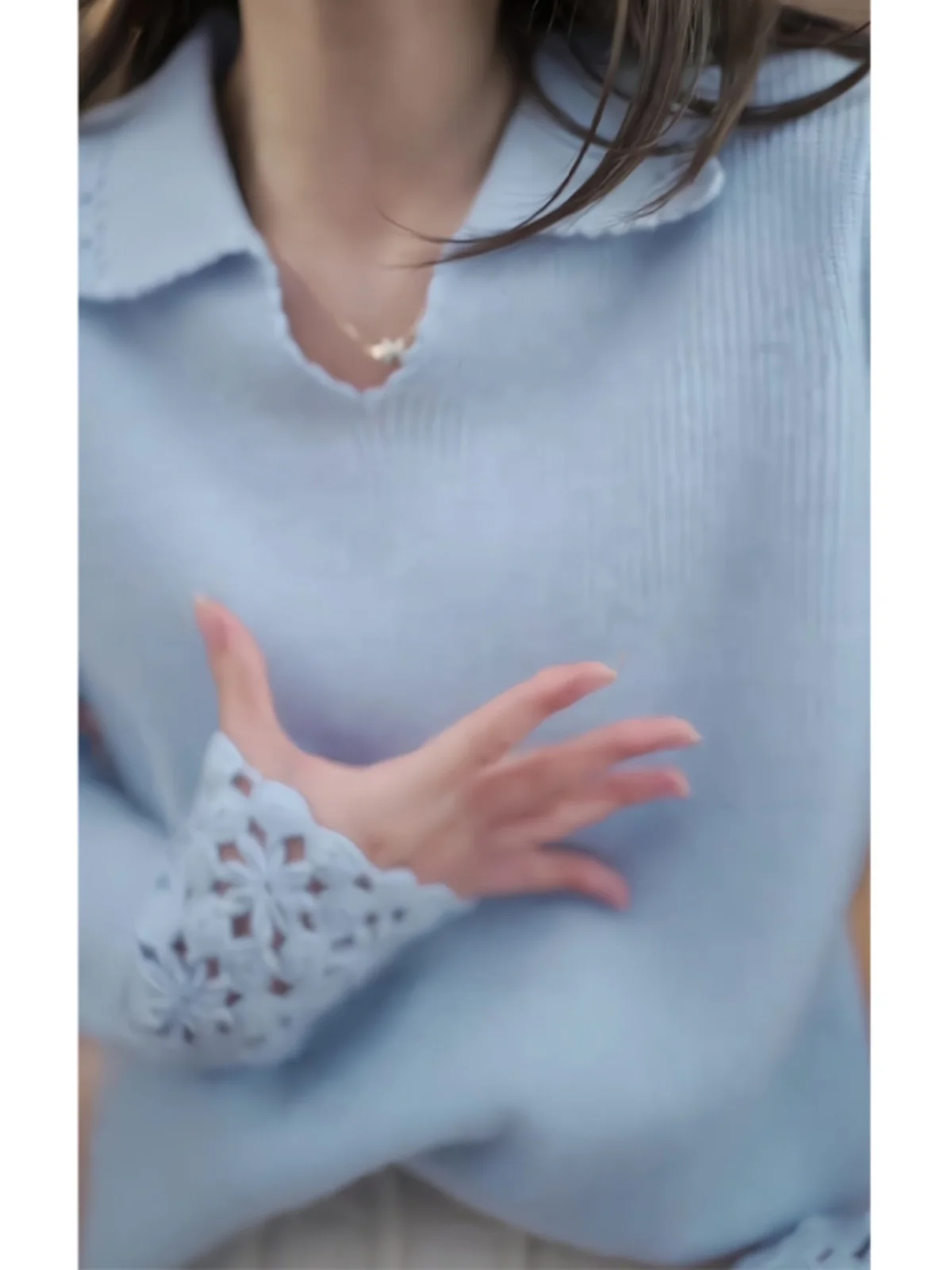 Плюс размер Design Sense Синий ажурный лоскутный вязаный крючком пуловер Вязаный