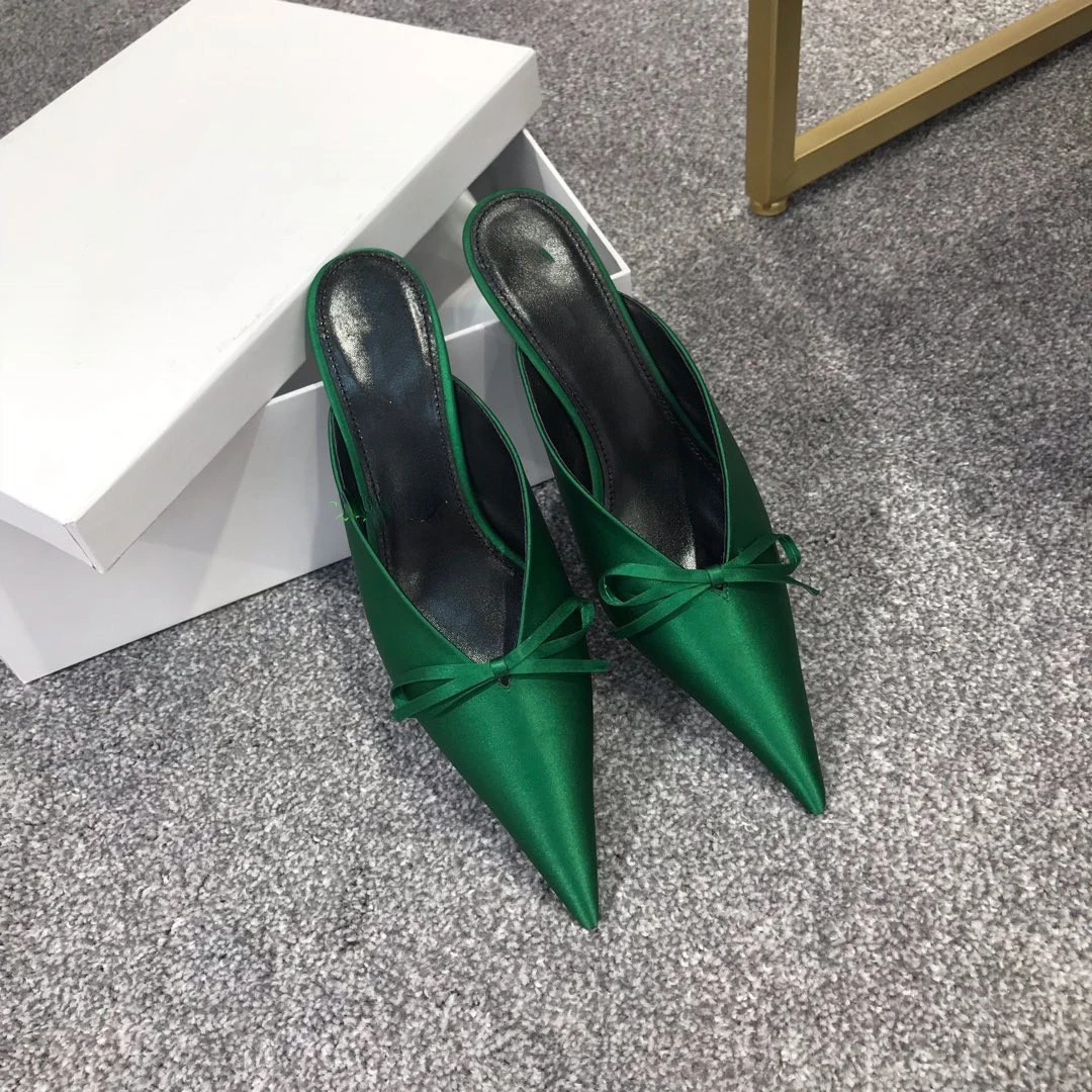 2023 New Pointed Half Pack Slippers Women's Bow Short Heel Cat and Muller Half Slippers