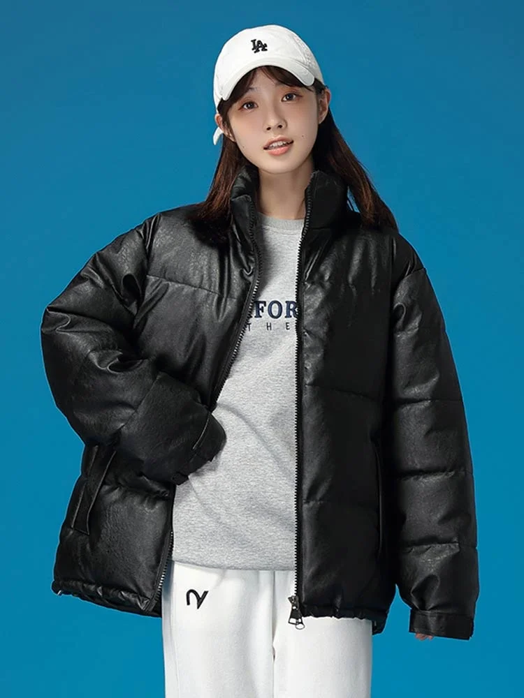Winter Warm Thick PU Leather Coats Women Short Parkas Fashion Black Cotton Padded Down Jacket Female Winter Clothes