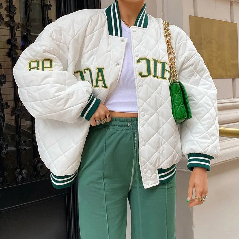 

Casual Fashion Bomber Jackets 2023 Autumn Winter Stand Collar Letters Embroidery White Varsity Jackets Cotton Coats For Women