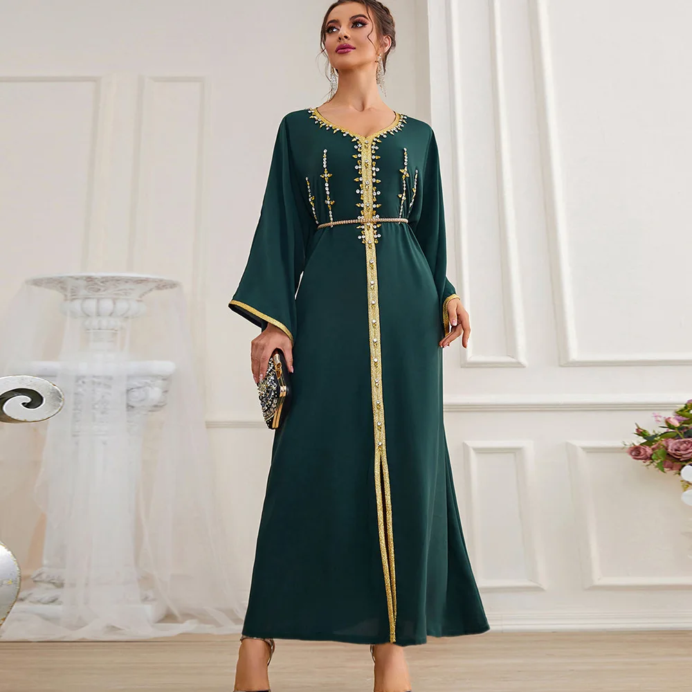 Ramadan Eid Handwork Diamonds Moroccan Kaftan Muslim Arabic Dress Women Abaya Dubai Arabian Evening Party Gown Caftan Robe Green