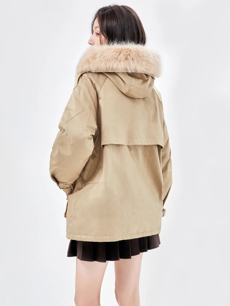 ONE-T Winter Parkas Down Coats Women Fox Fur Hooded Thick White Duck Down Jackets Khaki Safari Style Warmth Overcoats For Ladies