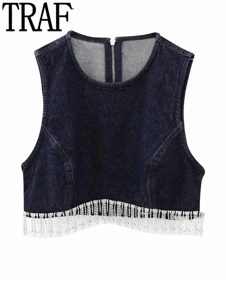 

Кроп-топ женский джинсовый с оборками, без рукавов, 2022