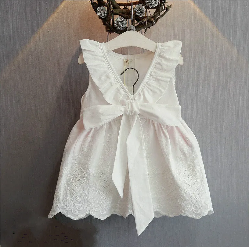 girls V back dress pure cotton hollow lace bow tie white princess | Детская одежда и обувь