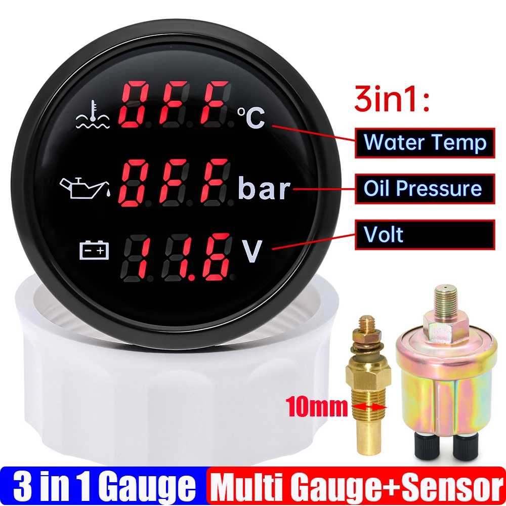 

Цифровой датчик 3 в 1 52 мм с сигнализацией 0 ~ 120 ℃ Датчик температуры воды + давление масла + напряжение с датчиком давления масла/датчика температуры воды на заказ