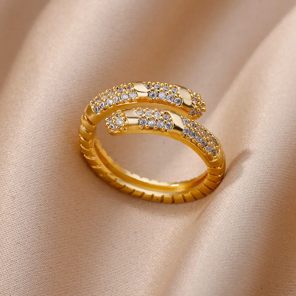 

Fashion Gold Color Zircon Finger Rings for Women Shiny Crystal CZ tainless Steel Open Adjustable Ring Marriage Party Bridal Ring